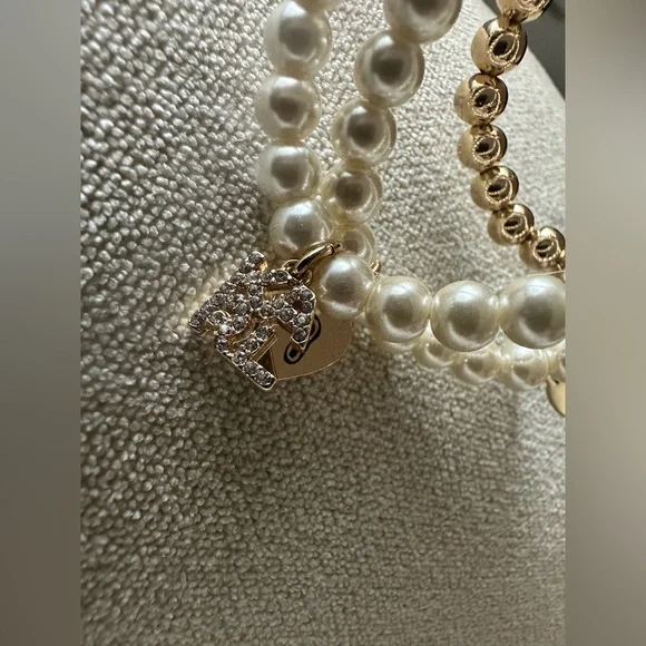 Karl Lagerfeld Faux Pearl & Gold tone 3pc Stretch Charmed Bracelet Set NWT - Picture 9 of 10